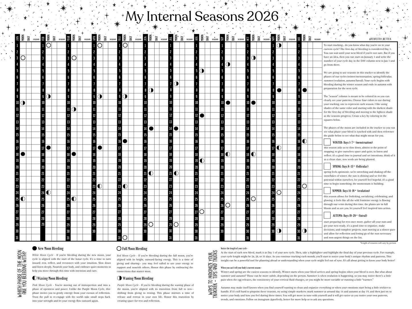 2026 Internal Seasons Menstrual Tracker - 18" x 24" Wall Calendar